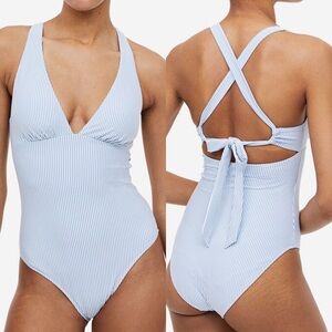 H&M NEW Womens Seersucker Tie Back One Piece Swimsuit XL